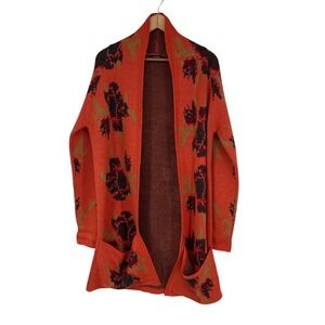 J Peterman Orange Floral Knit Cardigan Sweater Women Size M Long Sleeve Pockets